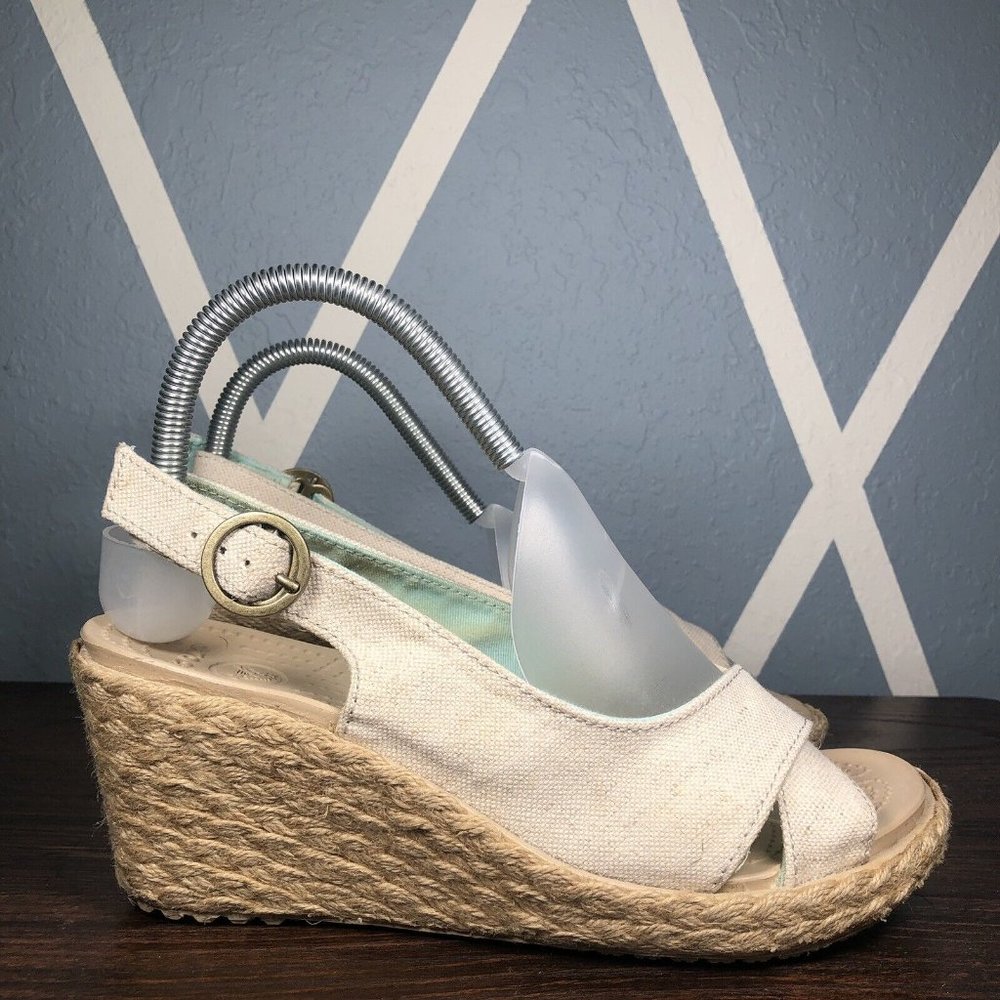 Crocs Sandals A-Leigh Beige Linen Espadrille Slingback Wedge Heel Sandals Size 8